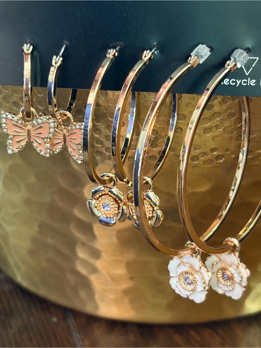 Guess Gold-Tone Hoop Earring Set with Butterfly, Flower Crystal Charms. 3 Sizes